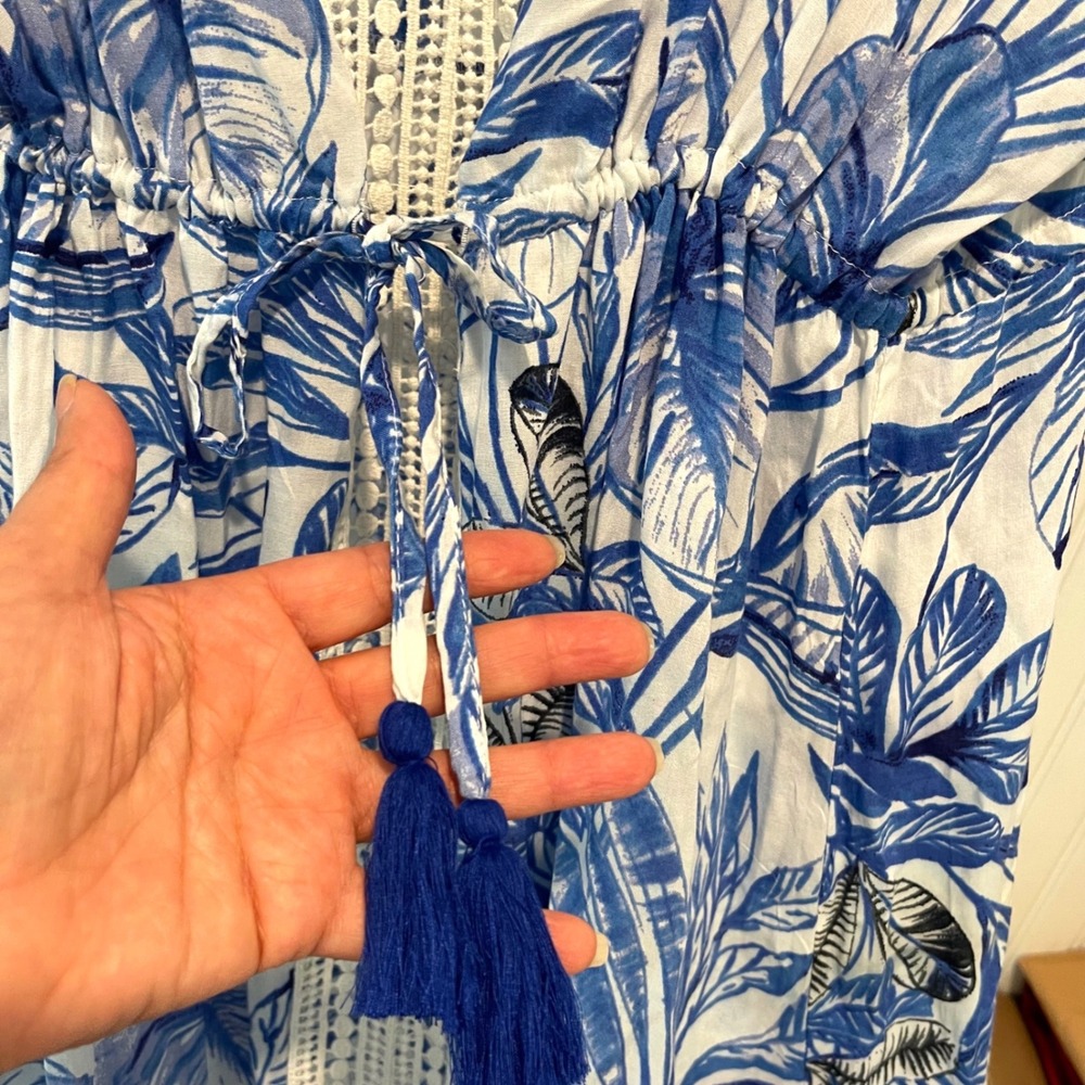 Blue Island Tropical Maxi Cover Up Wmns M Blue White Coastal Crochet Lace Trim - Picture 5 of 9